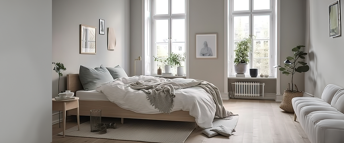 A cozy bedroom featuring soft gray walls, large windows allowing natural light, and a comfortable bed with neutral bedding. Decor includes framed art and potted plants.