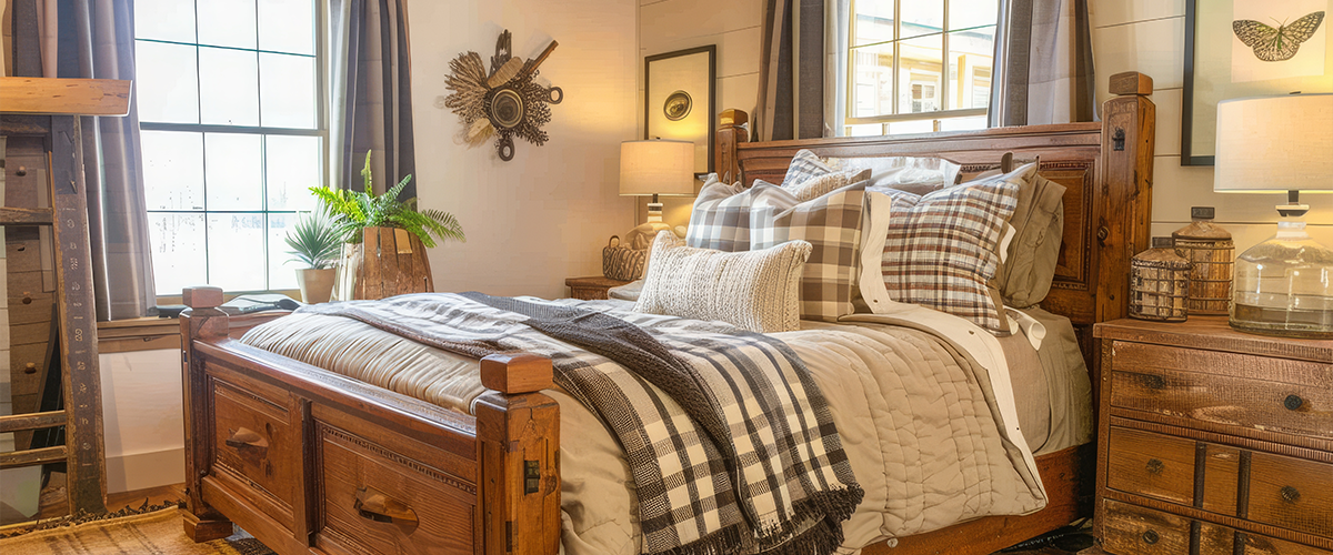 A rustic bedroom with a wooden bed frame, plaid bedding, and cozy throw pillows.