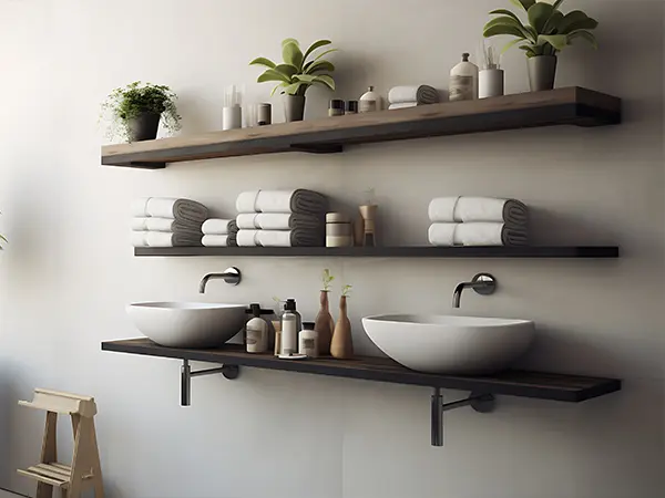 A wall of floating shelves in the bathroom for stylish storage.