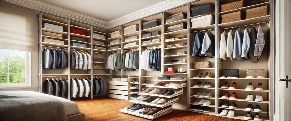 Custom closet with adjustable shelving, allowing flexible storage for folded clothes, shoes, and bags, maximizing space efficiently.