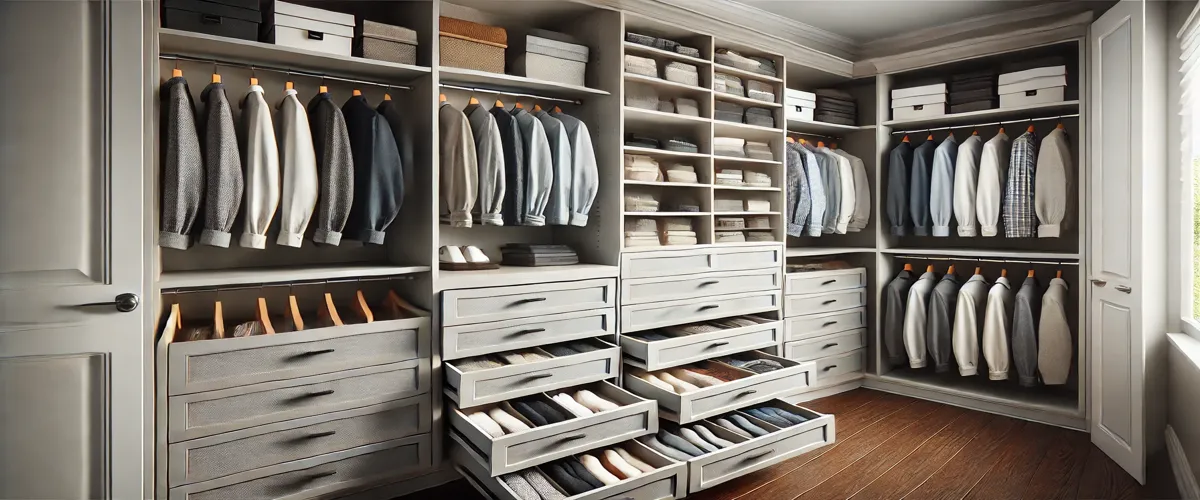 Custom closet with drawers for organizing smaller items like socks, undergarments, and accessories, eliminating clutter for a tidy space.