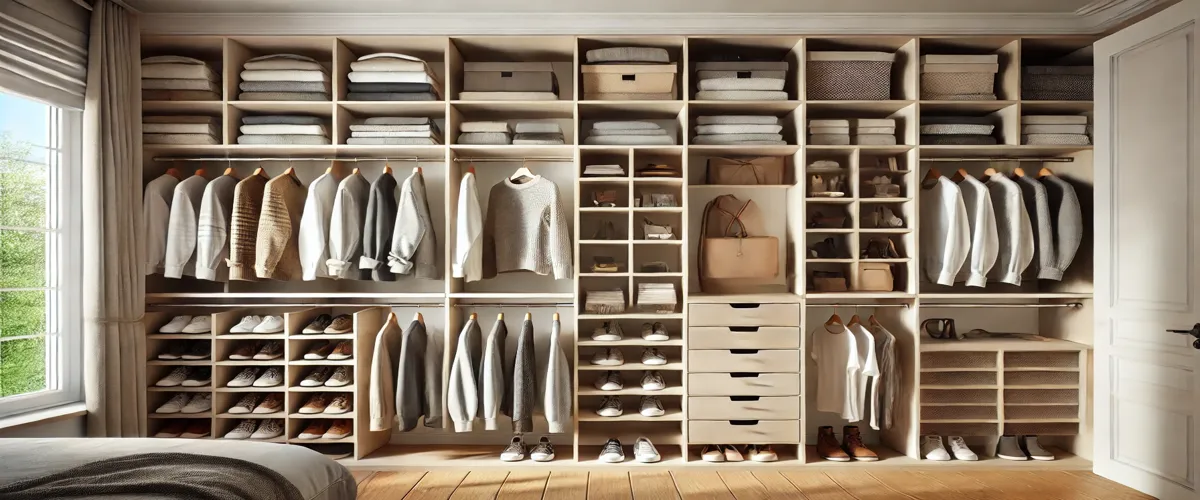 Custom closet with built-in shelves for efficient organization of clothes, shoes, and accessories in a modern, functional space.