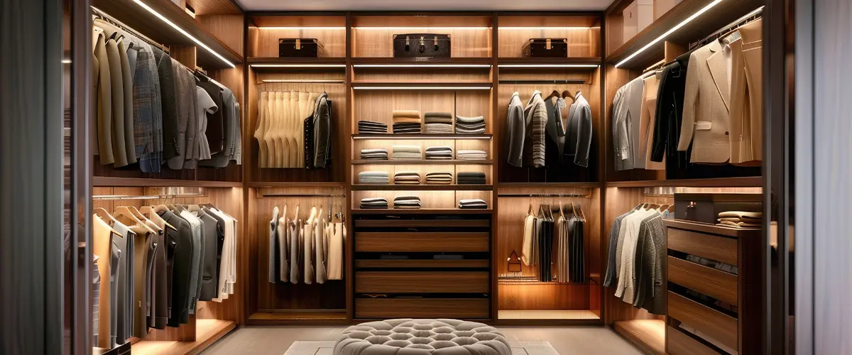 Elegant walk-in closet with custom wooden shelving, tailored suits, and soft lighting - luxury closet design and organization. 15 Custom Closet Designs Ideas & Walk-in Closets