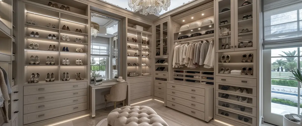 Luxurious walk-in closet with built-in shelving, shoe display, vanity, and chandelier lighting - high-end closet design and organization.