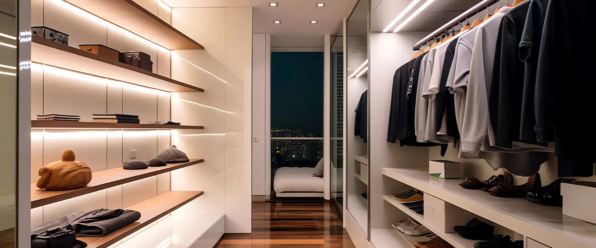 Modern walk-in closet with sleek shelving, illuminated displays, and organized clothing - contemporary luxury closet design with city view.