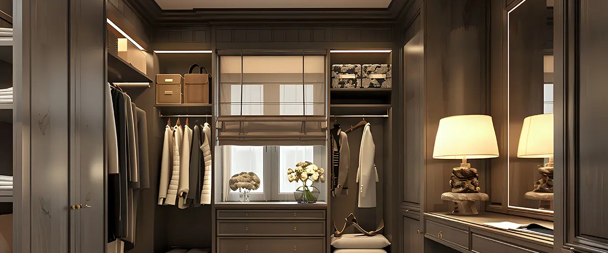 Sophisticated walk-in closet with dark wood finishes, elegant lighting, and a cozy seating area - luxury closet design and organization.