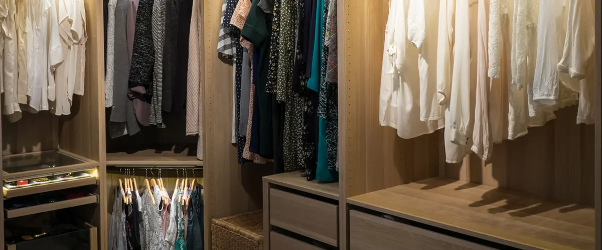 Spacious walk-in wardrobe with illuminated wooden shelving and neatly organized clothes on hangers, offering ample storage space.