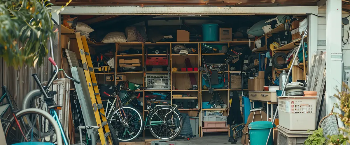 wooden garage filled with various items