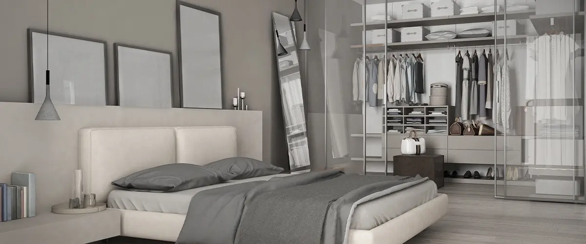 Classic minimal bedroom with walk-in closet