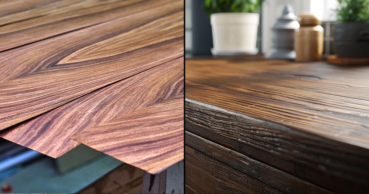 2 images split - veneer material and wood kitchen cabinet countertop