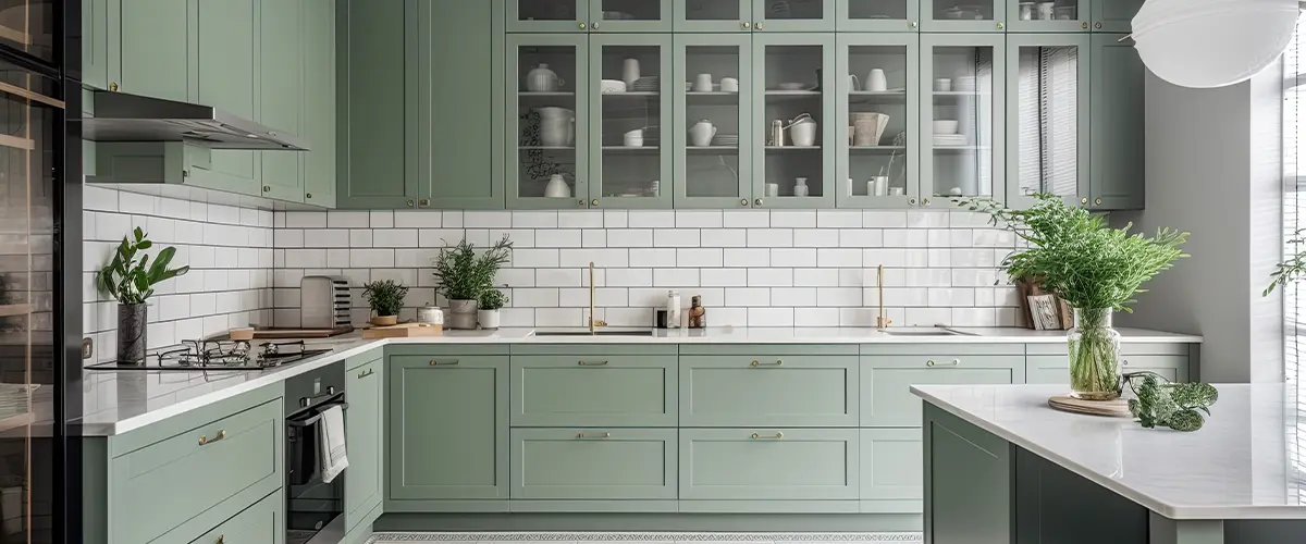 white kitchen with dark green cabinets countertops