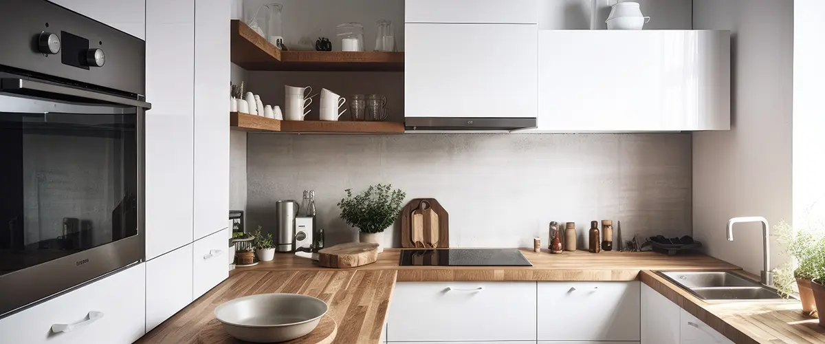 white kitchen with natural wood countertops white cabinets