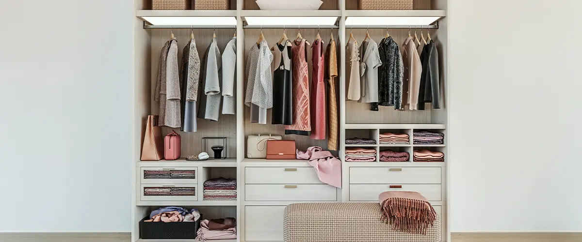 Elegant open wardrobe with neatly arranged clothes, handbags, and accessories, highlighting luxury closet system.