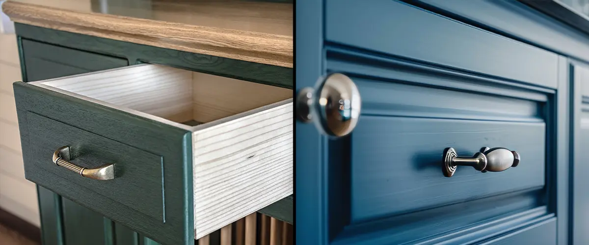 Comparison between pre-made cabinet with a drawer and custom-made blue cabinet front