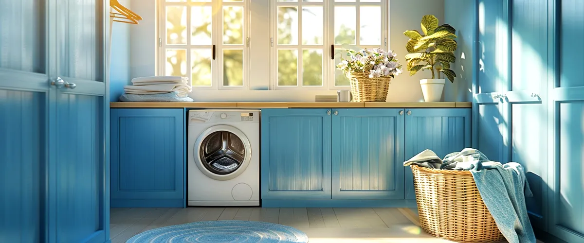 Modern laundry room with blue cabinets, washing machine, and a basket with laundry under a bright window