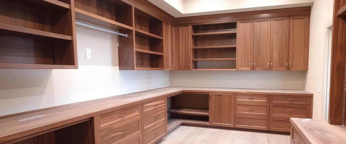 Spacious wooden walk-in closet featuring custom shelving and ample storage space