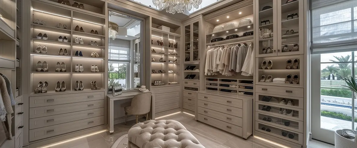 Elegant luxury walk-in closet with illuminated shelves, custom cabinetry, and a crystal chandelier.