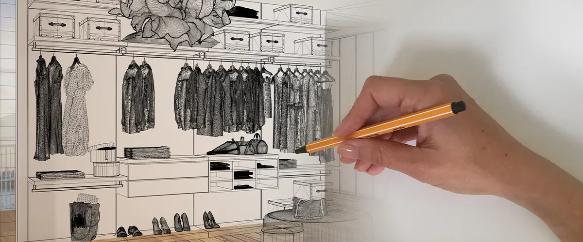 Hand drawing a luxury walk-in closet design with organized shelves and storage solutions.