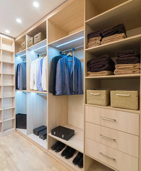 a tidy walk in closet & shelves design